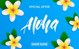 Summer sale banner with plumeria flowers and lettering Aloha for promotion, discount, sale, web. vector illustration Summer sale banner with plumeria flowers and lettering Aloha for promotion, discount, sale, web. vector illustration