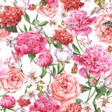 Summer Seamless Watercolor Pattern with Pink Peonies and Roses on a White Background vector illustration Summer Seamless Watercolor Pattern with Pink Peonies and Roses on a White Background vector illustration