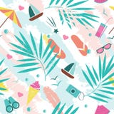 Summer time vector seamless pattern with colorful beach elements isolated on white background. Summer background print. stock illustration Summer time vector seamless pattern with colorful beach elements isolated on white background. Summer background print. stock illustration
