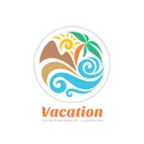Summer travel vacation vector logo concept illustration in circle shape. Paradise beach color graphic sign. Sea resort, sun. Royalty Free Stock Photo Summer travel vacation vector logo concept illustration in circle shape. Paradise beach color graphic sign. Sea resort, sun. Royalty Free Stock Photo