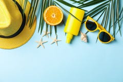 Summer Vacation Accessories On Background, Space For Text Royalty Free Stock Photo