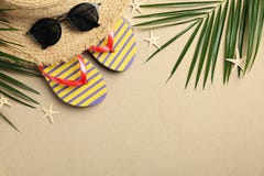 Summer Vacation Accessories On Sea Sand Background Stock Photo