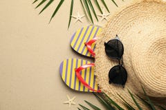 Summer Vacation Accessories On Sea Sand Background Stock Photography