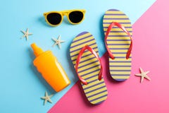 Summer Vacation Composition On Two Tone Background. Top View Royalty Free Stock Image