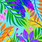 Summer vector illustration with tropical leaves,flowers and elements