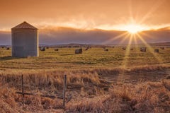 Sun Burst Prairie Sunset Stock Photo