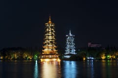 The Sun and Moon Twin Pagodas illuminated at nigh in the city of Guilin royalty free stock images The Sun and Moon Twin Pagodas illuminated at nigh in the city of Guilin royalty free stock images