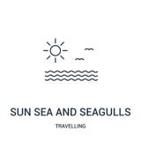 sun sea and seagulls icon vector from travelling collection. Thin line sun sea and seagulls outline icon vector illustration. stock illustration sun sea and seagulls icon vector from travelling collection. Thin line sun sea and seagulls outline icon vector illustration. stock illustration
