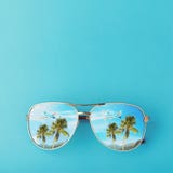 Sunglasses with palm trees, a plane and mountains reflected in them. Concept on the theme of vacation and travel with copy space