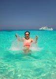 Sunglasses wearing young woman in crystal clear sea water royalty free stock photo Sunglasses wearing young woman in crystal clear sea water royalty free stock photo