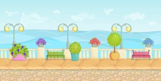 Sunny cartoon seafront landscape, endless vector seaside background for computer games. Stone fence, plants, flowers, benches, pav stock illustration Sunny cartoon seafront landscape, endless vector seaside background for computer games. Stone fence, plants, flowers, benches, pav stock illustration