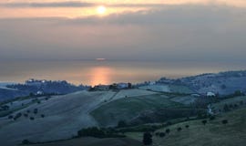 Sunny hill at dawn with isolated olive trees and some farms near the Adriatic sea royalty free stock images Sunny hill at dawn with isolated olive trees and some farms near the Adriatic sea royalty free stock images