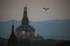 Drone over the valley with the ancient pagodas