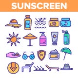 Sunscreen, UV εικονίδια αμυντικών διανυσματικά λεπτά γραμμών καθορισμένα απεικόνιση αποθεμάτων Sunscreen, UV εικονίδια αμυντικών διανυσματικά λεπτά γραμμών καθορισμένα απεικόνιση αποθεμάτων