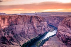 Sunset at Horseshoe Bend Canyon - Grand Canyon with Colorado River - Located at Page, Arizona - USA stock image Sunset at Horseshoe Bend Canyon - Grand Canyon with Colorado River - Located at Page, Arizona - USA stock image