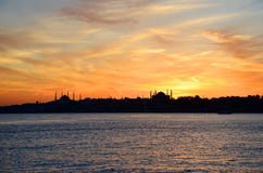 Sunset in Istanbul, Turkey. View from sea of marmara. royalty free stock photo Sunset in Istanbul, Turkey. View from sea of marmara. royalty free stock photo