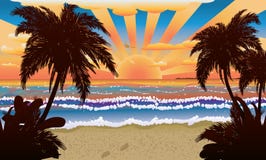Sunset On Beach With Palms Royalty Free Stock Photos