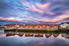 Sunset over harbor houses in Svolvaer, Lofoten islands, Norway royalty free stock photography Sunset over harbor houses in Svolvaer, Lofoten islands, Norway royalty free stock photography