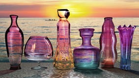 Sunset sun setting send last ultraviolet ray on the set of glass jars