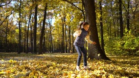 Sunshine on cute little girl throwing yellow leaves up in the air in autumn park stock video Sunshine on cute little girl throwing yellow leaves up in the air in autumn park stock video