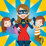 Super Hero Mom. Son and daughter hanging on Super Hero Mom strong arms Super Hero Mom. Son and daughter hanging on Super Hero Mom strong arms