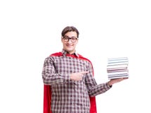 The super hero student with books isolated on white