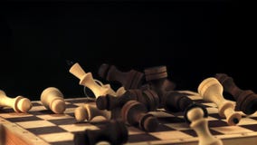 Super Slow Motion on the Chessboard Fall Wooden Chess Pieces
