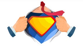 Superhero Sign Vector. Super Hero Open Shirt With Shield Badge. Place For Text. Isolated Flat Cartoon Comic Illustration