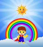 Superherojongen en hemel op de regenboog vector illustratie Superherojongen en hemel op de regenboog vector illustratie