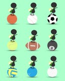 Supporto del fumetto del carattere dell'uomo di colore sulla palla di sport e mani su spese generali con la bandiera ondulata del illustrazione di stock Supporto del fumetto del carattere dell'uomo di colore sulla palla di sport e mani su spese generali con la bandiera ondulata del illustrazione di stock
