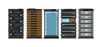 Supports plats modernes de serveur Serveurs de processeur d'ordinateur pour la pièce de serveur Ensemble de vecteur d'isolement s illustration libre de droits Supports plats modernes de serveur Serveurs de processeur d'ordinateur pour la pièce de serveur Ensemble de vecteur d'isolement s illustration libre de droits
