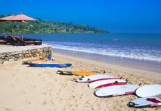 Surf Boards on Tropical Sand Beach Royalty Free Stock Photo Surf Boards on Tropical Sand Beach Royalty Free Stock Photo