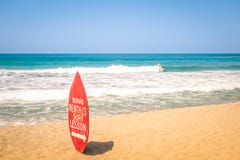 Surfboard at exclusive beach - Surfing school stock photo Surfboard at exclusive beach - Surfing school stock photo