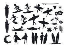 Surfers silhouettes set. men and women surfing, riding waves, stand, walk, run, swim with surfboards, symbols design decoration, stock illustration Surfers silhouettes set. men and women surfing, riding waves, stand, walk, run, swim with surfboards, symbols design decoration, stock illustration
