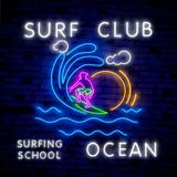 Surfing Poster In Neon Style. Glowing Sign For Surf Club Or Shop. Surfboards Electric Icons On Brick Wall Background Royalty Free Stock Image
