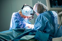 Surgeon and his assistant performing cosmetic surgery in hospital operating room. Surgeon in mask wearing loupes during
