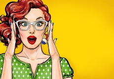 Surprised Pop Art woman in hipster glasses. Advertising poster or party invitation with club girl with open mouth
