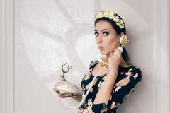 Surprised Retro Woman With Vintage Phone royalty free stock photo Surprised Retro Woman With Vintage Phone royalty free stock photo