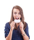 Surprised Young Woman Looking At A Blank Card Stock Images