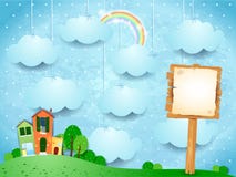 Surreal landscape with little town and wooden sign vector illustration Surreal landscape with little town and wooden sign vector illustration