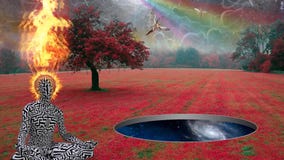 Surreal landscape with wormhole