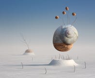 Surreal winter artistic image of a snail and walnut