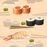 Sushi japonés de la silueta de la cocina del modelo inconsútil stock de ilustración Sushi japonés de la silueta de la cocina del modelo inconsútil stock de ilustración