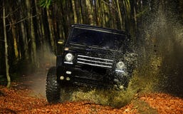 SUV ou voiture tous terrains sur le chemin couvert de feuilles croisant le magma avec l'éclaboussure sale de l'eau Course tous te image stock SUV ou voiture tous terrains sur le chemin couvert de feuilles croisant le magma avec l'éclaboussure sale de l'eau Course tous te image stock