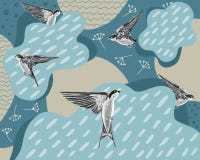 Svalor på en blå bakgrund med moln och droppar royaltyfri illustrationer Svalor på en blå bakgrund med moln och droppar royaltyfri illustrationer