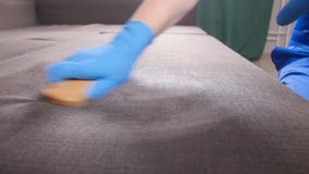 svampar för flytande för cleaningbegreppsdishwashing Arbetaren för den unga mannen gör ren soffan i rummet eller kontoret lager videofilmer svampar för flytande för cleaningbegreppsdishwashing Arbetaren för den unga mannen gör ren soffan i rummet eller kontoret lager videofilmer