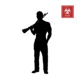 Svart kontur av mannen med hagelgeväret på vit bakgrund Levande dödskytt Tecken för dataspel eller thriller royaltyfri illustrationer Svart kontur av mannen med hagelgeväret på vit bakgrund Levande dödskytt Tecken för dataspel eller thriller royaltyfri illustrationer