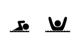 Sväva mannen som drunknar i vatten, symboler, pinnediagram pictogramfolk royaltyfri illustrationer Sväva mannen som drunknar i vatten, symboler, pinnediagram pictogramfolk royaltyfri illustrationer
