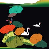 Swans on a lake with lotus leafs vector illustration Swans on a lake with lotus leafs vector illustration