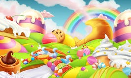 Sweet landscape. Candy land. Candies and milk river vector background